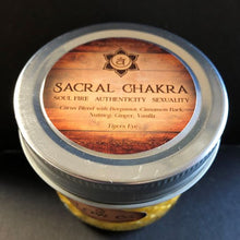 Load image into Gallery viewer, Sacral Chakra  Location – Slightly below the naval Purpose – Authentic, Creation, Creator, Soul Fire, Sexuality Element – Water Crystal – Tigers Eye Affirmation – “I am authentically creating a life free of stress and full of bliss.” Oils – Citrus blend with bergamot, cinnamon bark, nutmeg, ginger, and vanilla