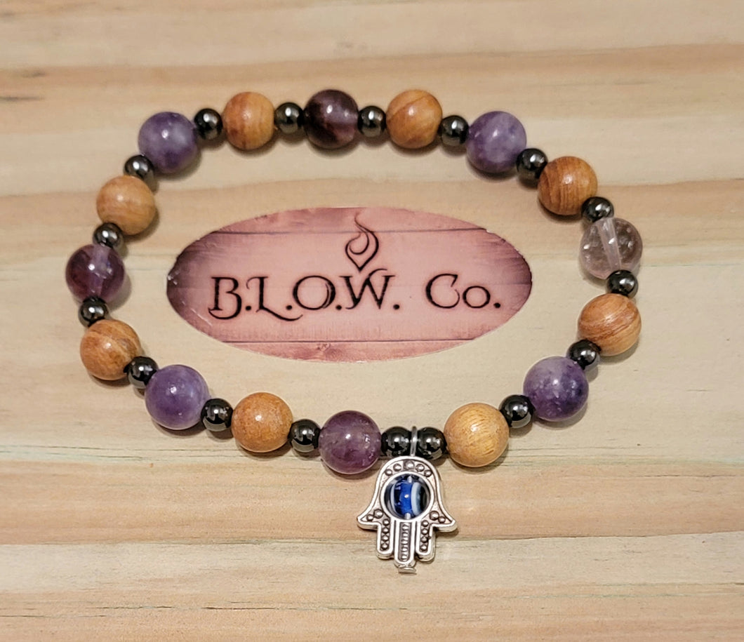 Lepidolite, Super 7, Wood Beads and Hematite w/ Hamsa Hand for Positivity from Others