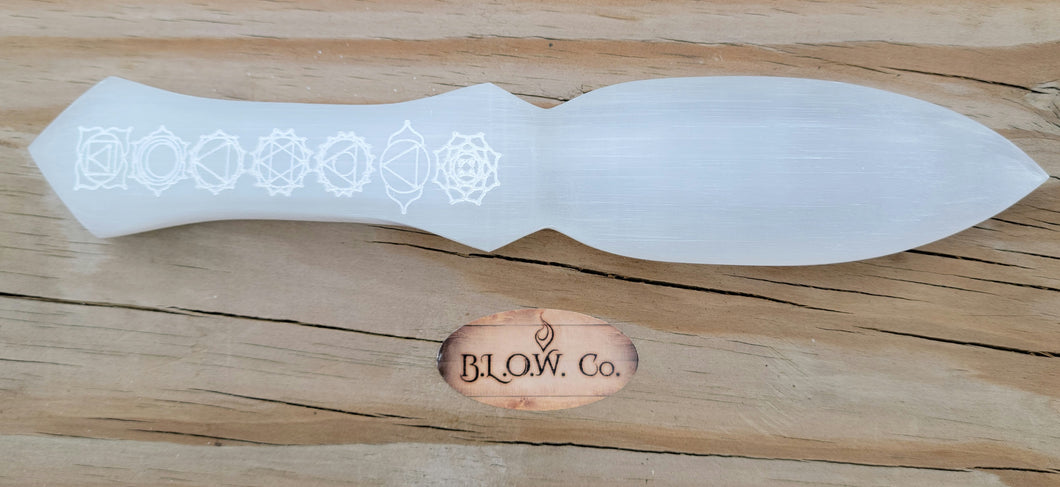 Selenite wand with 7 chakras engraved